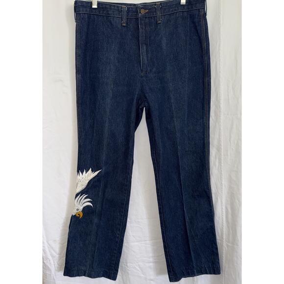 Vik Vizette Vtg 1970s Denim Jeans Embroidered Cockatoo Hippie Bell Bottom Sz 36 - Picture 2 of 16